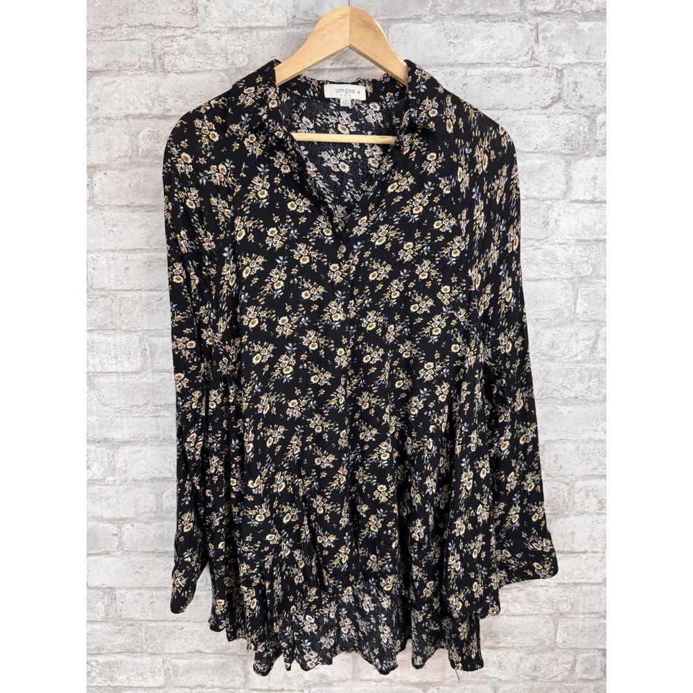 Umgee Button Up Top Womens 2XL Tunic Dark Floral Boho Artsy Flowy Crinkle